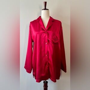 Victoria's Secret Vintage 80s Red Satin Button-Up Embroidered Sleep Shirt Size M